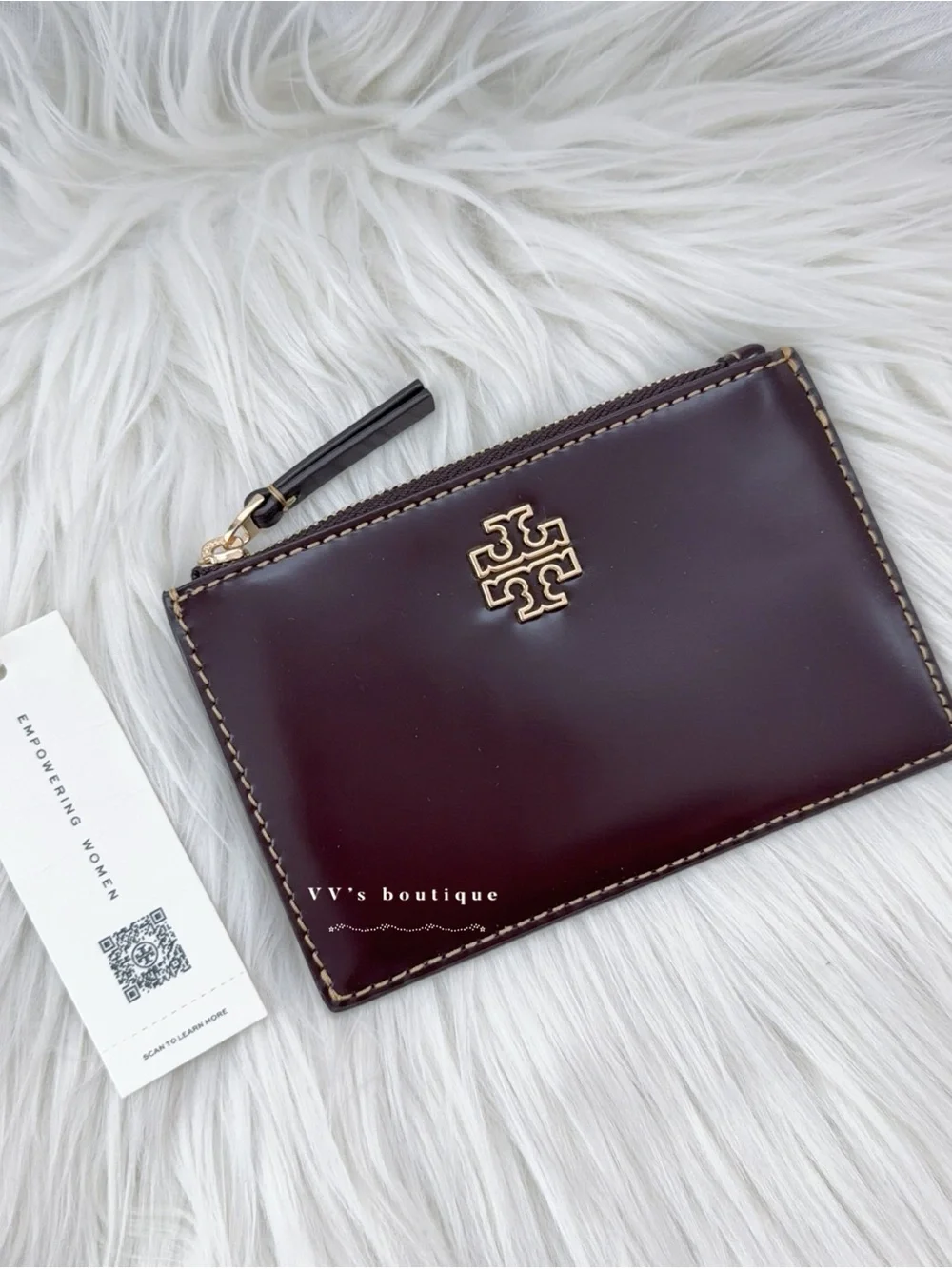 NWT Tory Burch Britten Smooth Leather Zip Card Holder Tempranillo Wine 141065